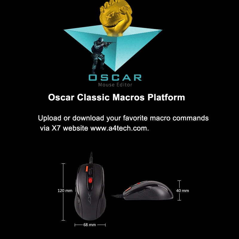 A4TECH X7 X-710BK Oscar Gaming Mouse, 2000 DPI, 1000Hz, 4D Wheel, 160K Onboard Memory, Oscar Mouse Editor, Driver Free