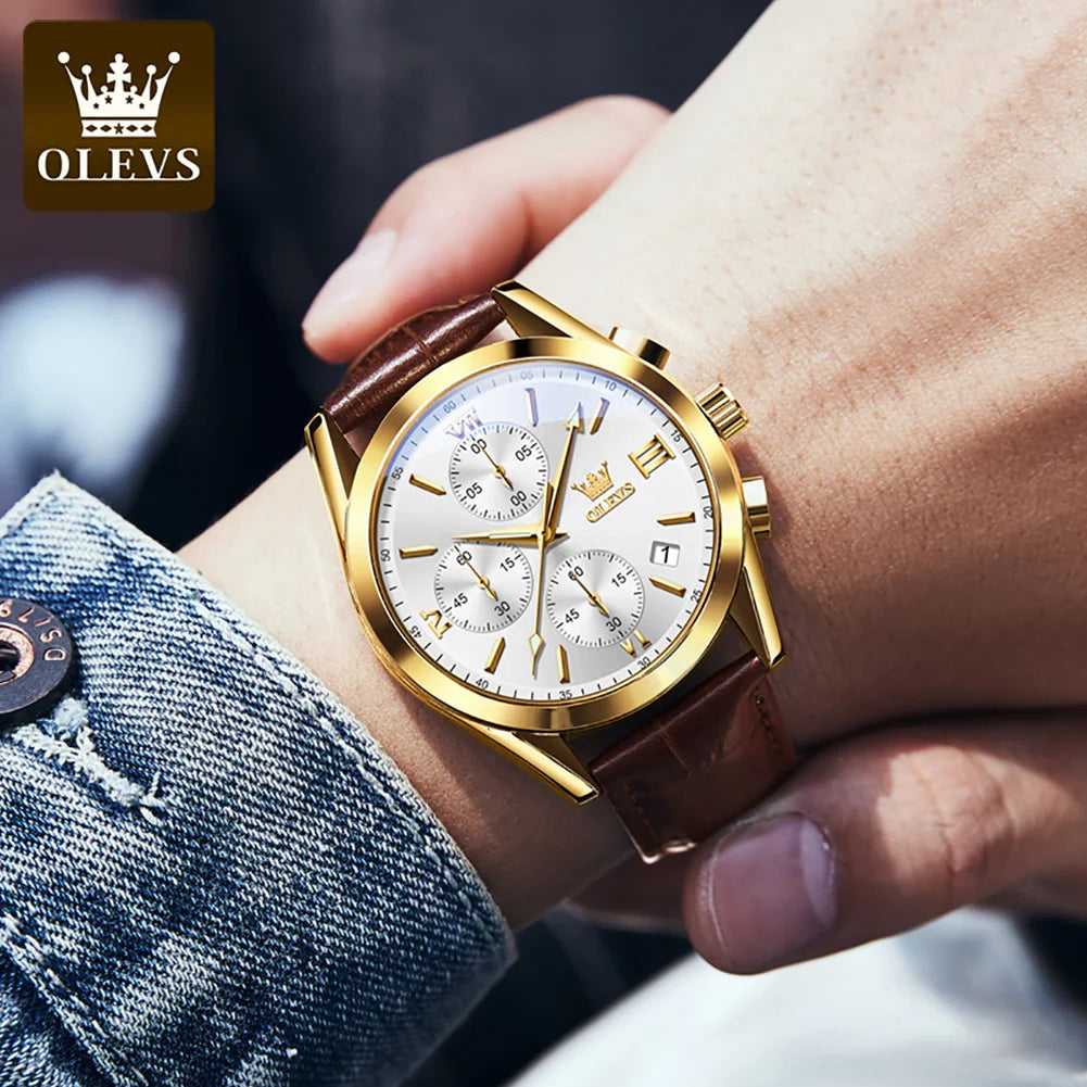 Orologio da polso cronografo da uomo OLEVS 2872 – Cinturino in pelle, impermeabile, lancette luminescenti, movimento al quarzo, stile sportivo di lusso