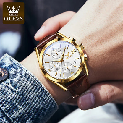 Orologio da polso cronografo da uomo OLEVS 2872 – Cinturino in pelle, impermeabile, lancette luminescenti, movimento al quarzo, stile sportivo di lusso