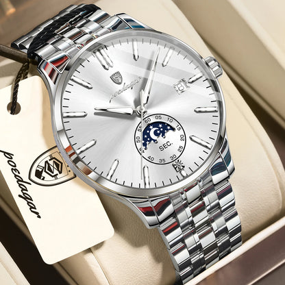 Reloj de lujo para hombre POEDAGAR, estilo informal, de acero inoxidable, de cuarzo, resistente al agua, luminiscente, con fecha, elegante.