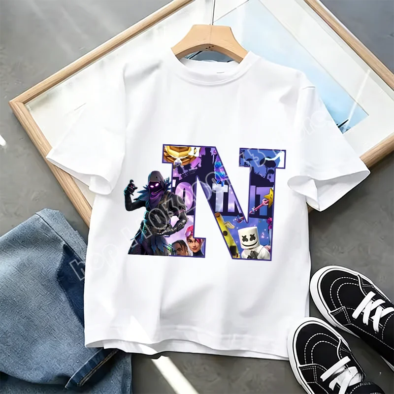 Fortnite A-Z Alphabet Print T-Shirt für Kinder, Sommer, weiß, beliebtes Cartoon-Game-Shirt, modisches Casual-Kurzarmtop, Geschenk