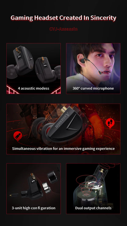 CVJ Assassin Earphones 1BA+1DD+1Vibration Switch Adjustable Gaming E-sports In-Ear 3.5mm&Type-C Hifi Headphones