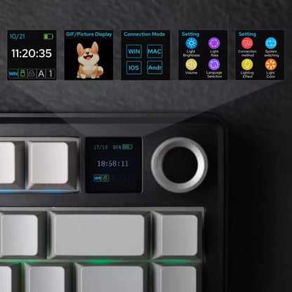 Teclado Mecânico Gaming AULA F75 MAX 2.4G Sem Fios/BT/Com Fio Hot-Swap RGB 75% 81 Teclas Teclado de Escritório com Ecrã TFT