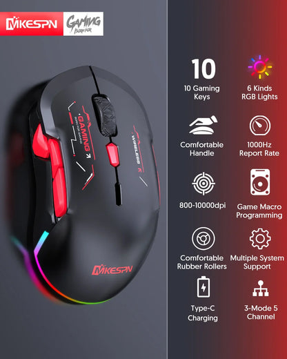 MKESPN W12 10-button Macro Gaming Mouse Both Hand Wireless Bluetooth Multi-channel Tri-mode Large RGB Ergonomic Ambidextrous