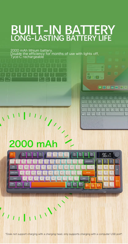 M96 kabellose Bluetooth-Tastatur FREEWOLF mit Digitalanzeige, RGB-Hintergrundbeleuchtung, 2000mAh-Akku & PBT-Tastenkappen für PC/Laptop