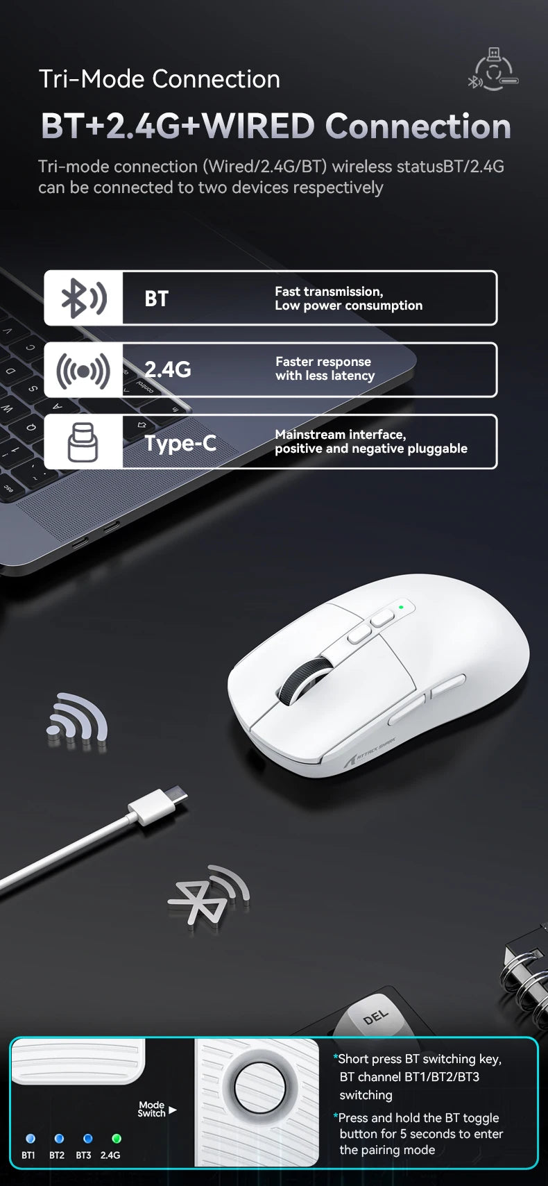 Attack Shark X6 Lightweight Wireless Gaming Mouse, Tri-Mode Bluetooth & 2.4G Gaming Mouse, 26,000 DPI RGB Charging Dock, PAW3395 Sensor