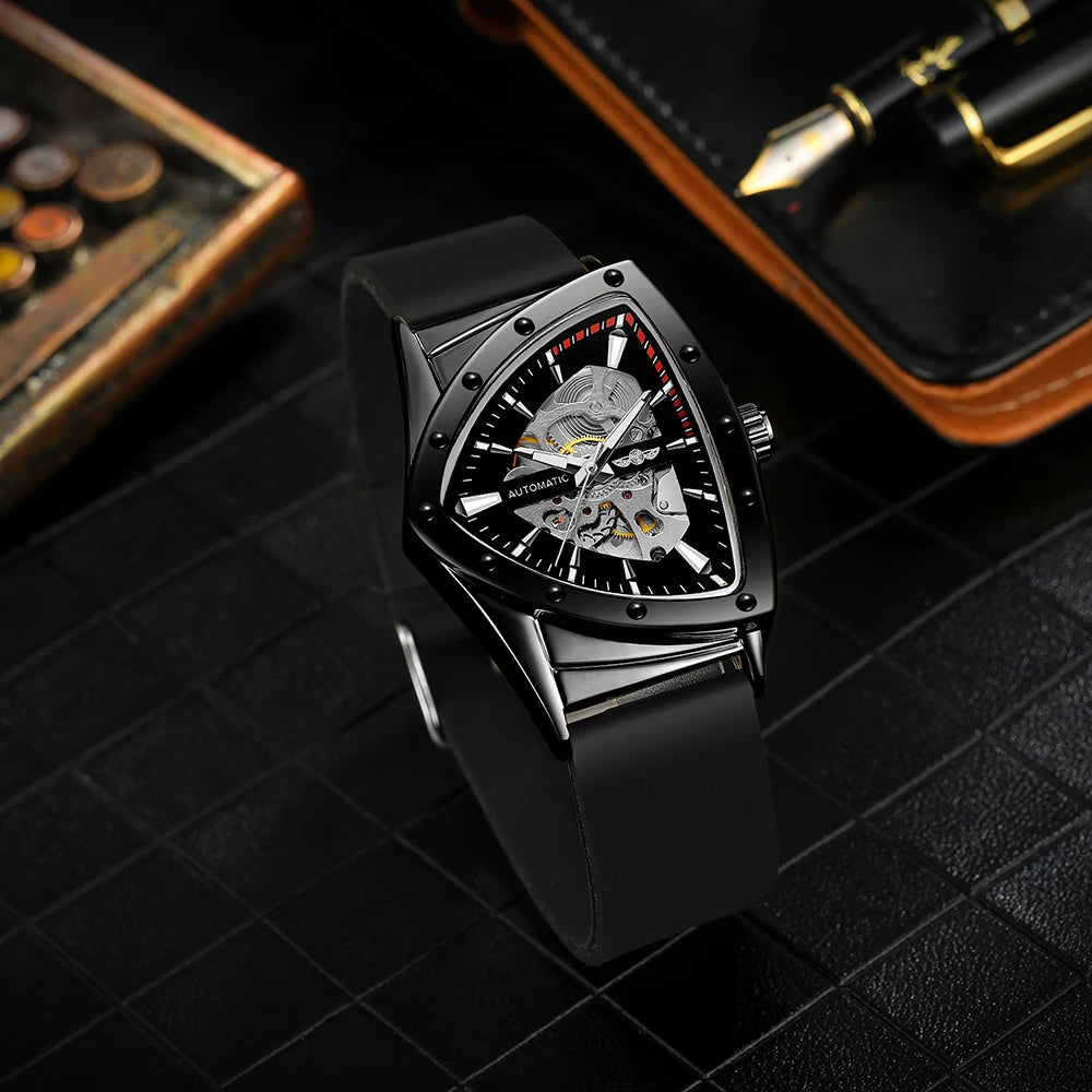 WINNER automatisk herreur, trekantet skeletdesign, selvlysende visere, gummiarmbånd, militærstil, luksuriøst mekanisk ur