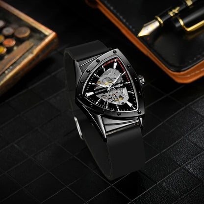 WINNER automatisk herreur, trekantet skeletdesign, selvlysende visere, gummiarmbånd, militærstil, luksuriøst mekanisk ur