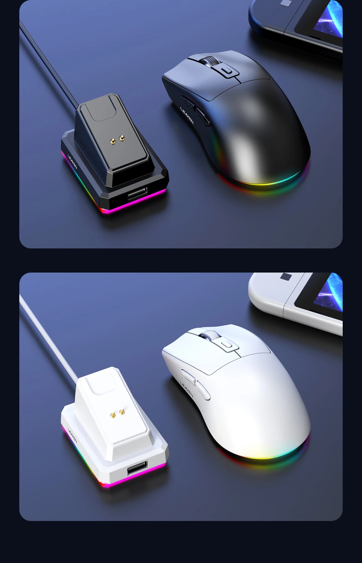 Dual-Mode Wireless Mouse | Magnetic Charging Dock | RGB Backlit | 3-Speed DPI (800-1200-1600) | 2.4G/BT | Suitable for Daily Use