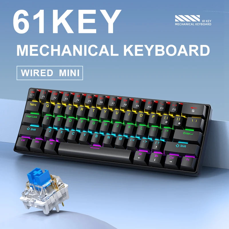 Teclado mecânico gaming com fios APAYADO K61 60% Mini Phantom RGB, 61 teclas, switches vermelhos/azuis, ergonómico, portátil para PC/portátil