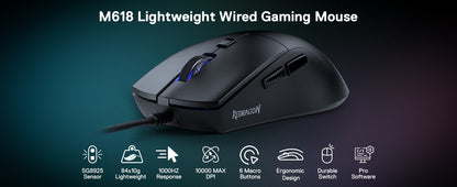 Redragon 618 Wired Gaming 10000 DPI Optical Ergonomic 6 Programmable Buttons, 84G Ultra Lightweight Mouse