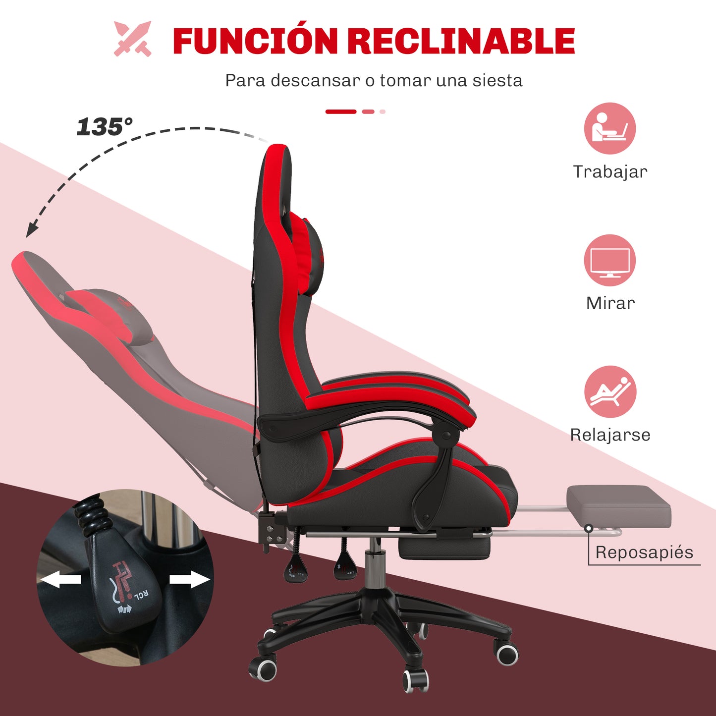 Vinsetto Ergonomic Reclining Gaming Chair 135°, PU Leather Racing Gamer Chair with Lumbar Support, Adjustable Height, Headrest and Retractable Footrest, for Office, Study, Black and Red