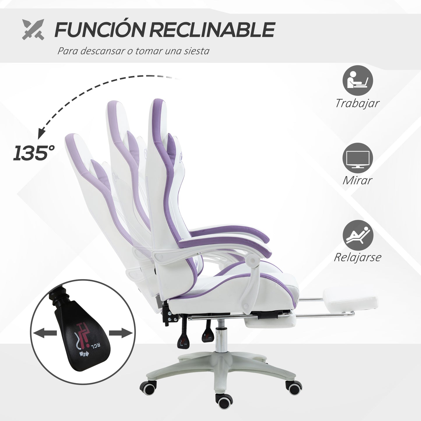Vinsetto Gaming Chair PU Leather Gamer Chair Adjustable Height Reclining 135° Headrest and Footrest 65X65X121-129 cm White