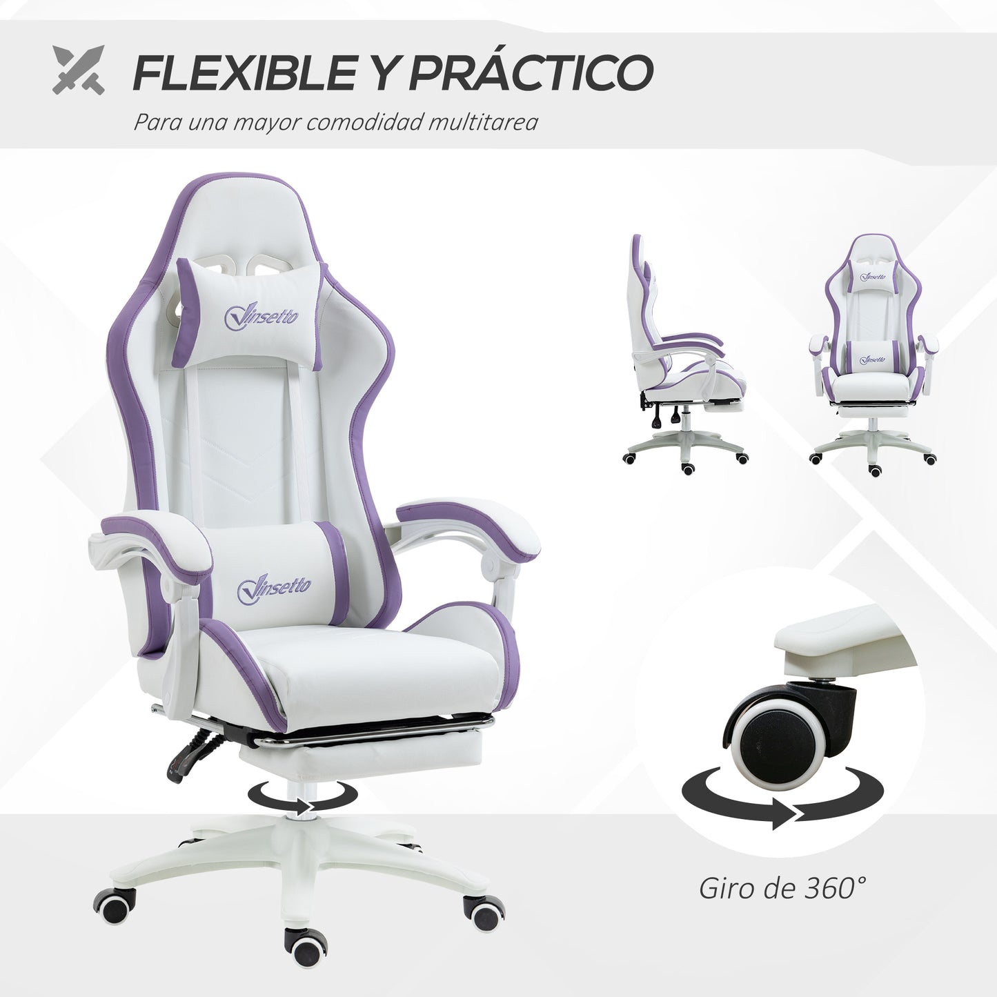 Vinsetto Gaming Chair PU Leather Gamer Chair Adjustable Height Reclining 135° Headrest and Footrest 65X65X121-129 cm White